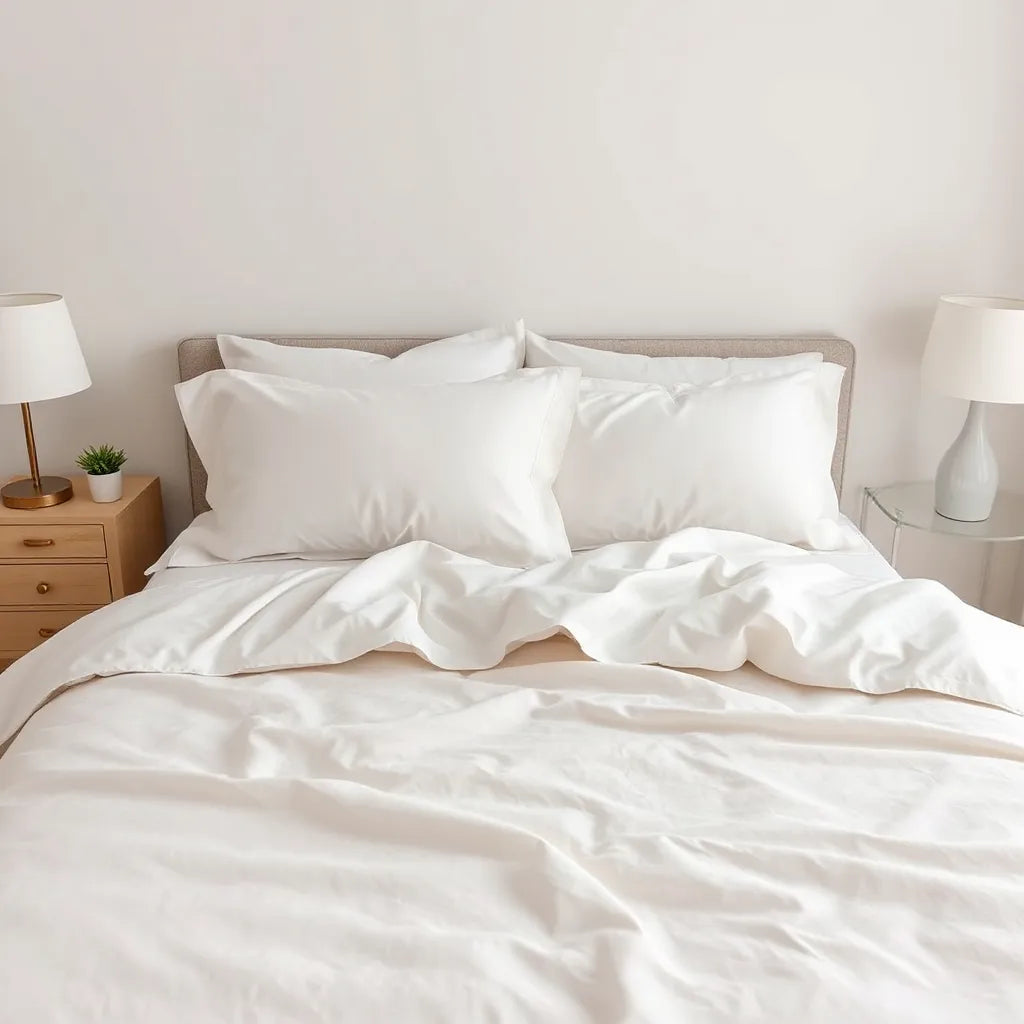 Neatly made bed with soft neutral duvet and pillows in bright, calm bedroom lighting