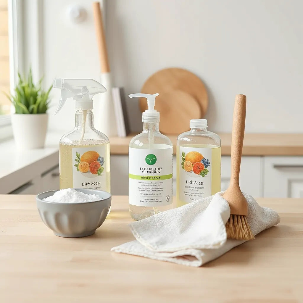 Eco-friendly cleaning bottles, refill pouch, scrub brush, and natural cleaning supplies on a bright countertop