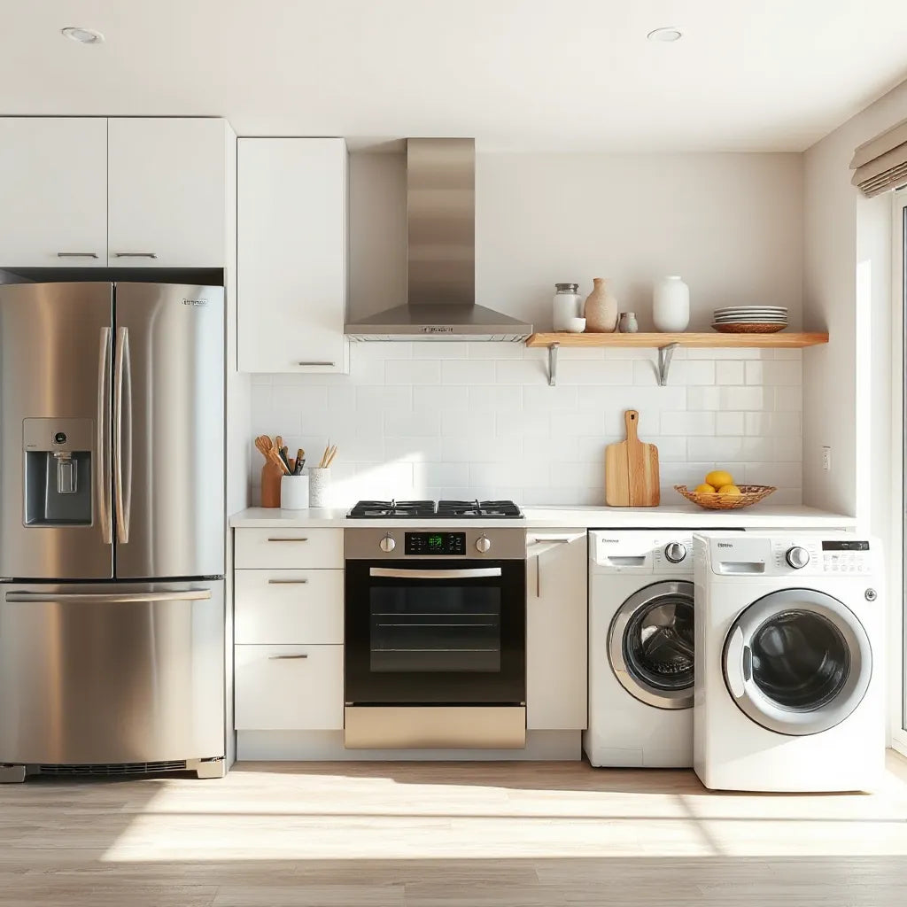Sleek modern kitchen and laundry appliances in matching neutral tones