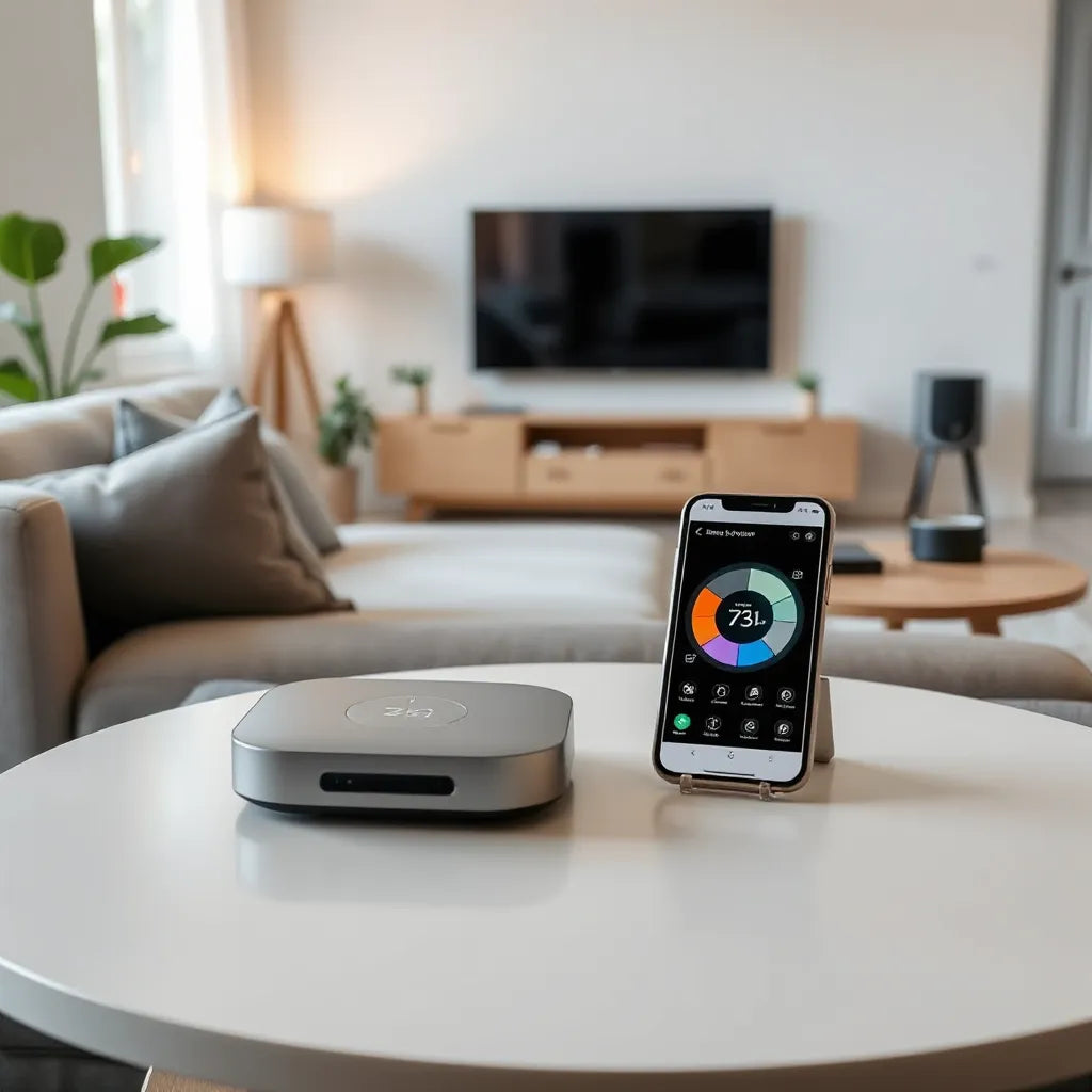 Modern living room with a smart hub, thermostat, and phone controlling home devices