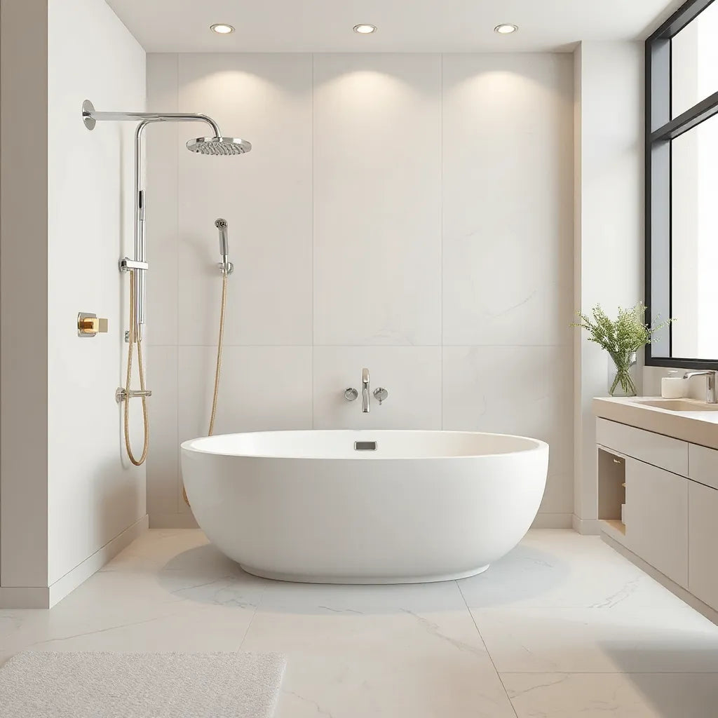 Modern luxury bathroom with polished fixtures, rainfall shower system, and elegant vanity hardware