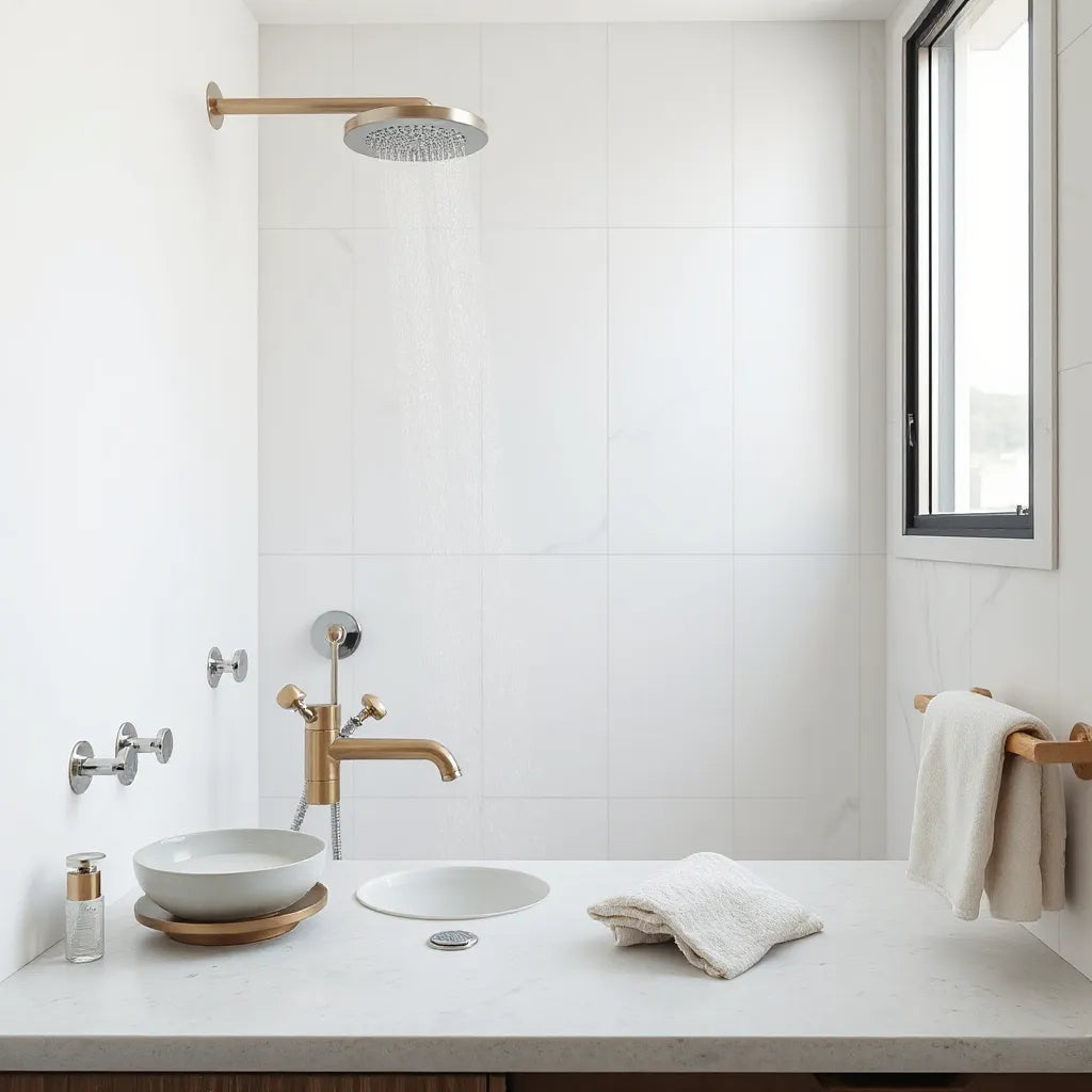 Rainfall shower and wall-mounted faucet with matching elegant fixtures in a modern luxury bathroom