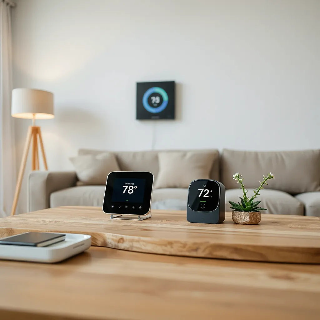 A smart home hub and connected devices in a modern living room with a visible thermostat