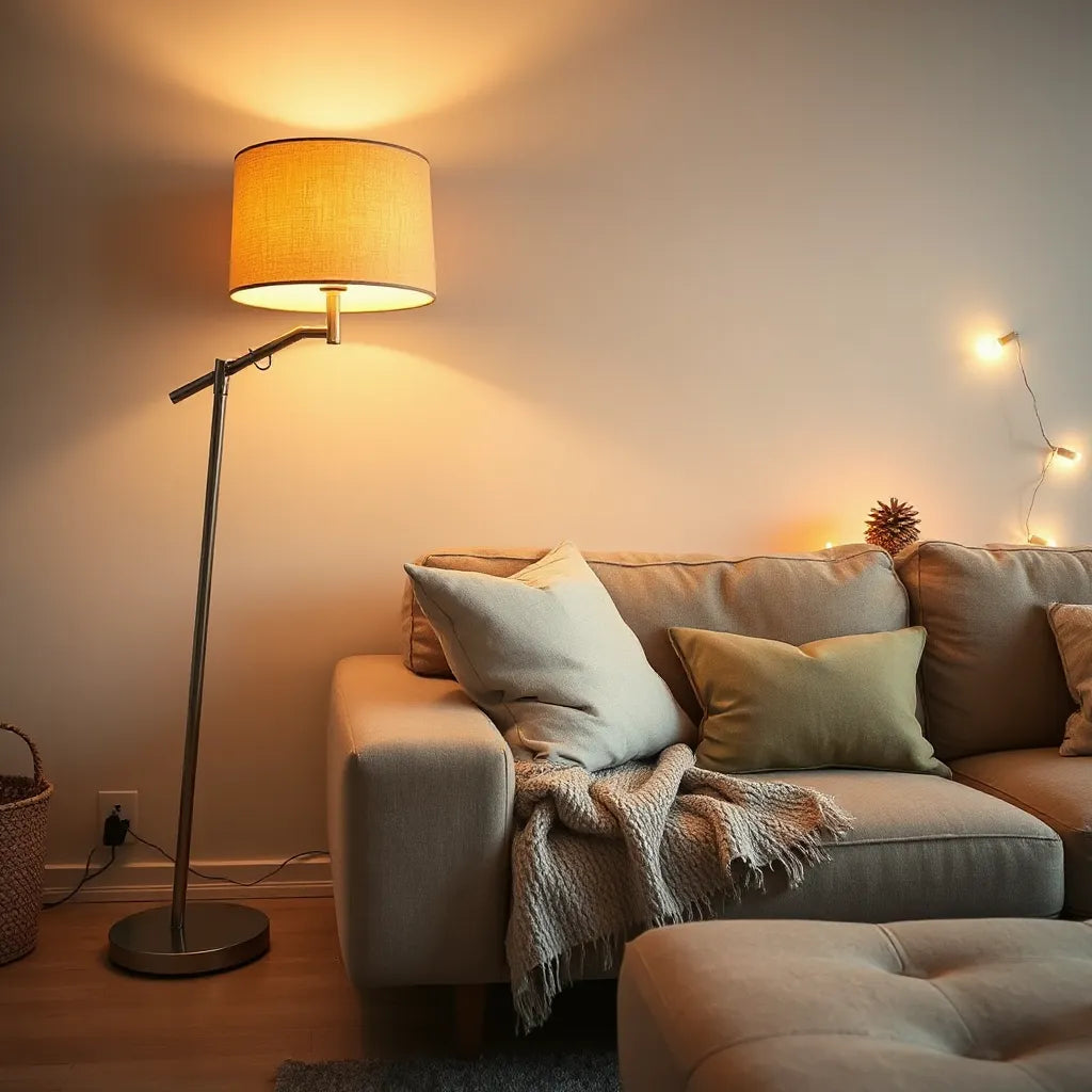 Cozy living room with warm table and floor lamps and soft ambient lighting