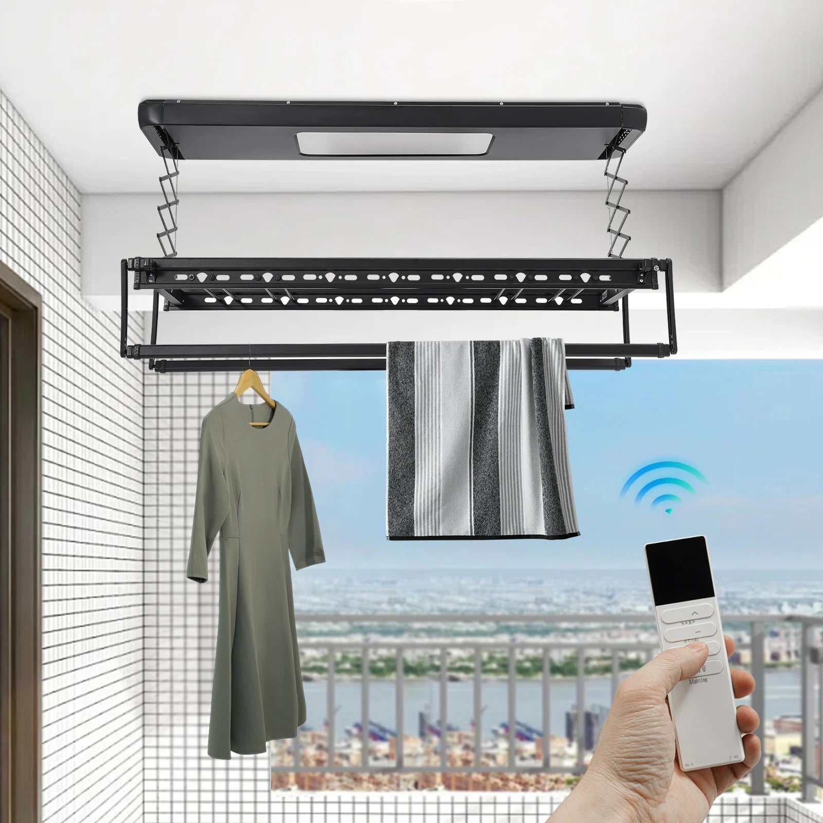Retractable Ceiling Clothes Drying Rack with integrated LED light