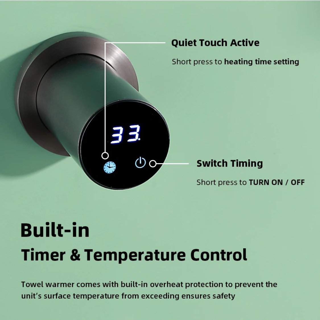 Bathroom Electric Heated Towel Rail Warmer Digital Display Temperature Time Control Smart Home Concealed Bar 304 Stainless Steel