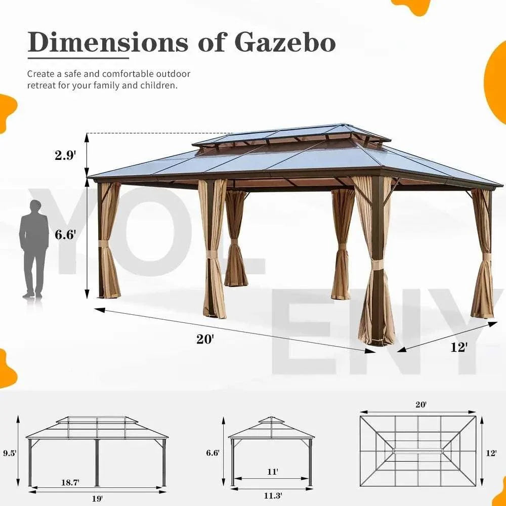 Outdoor Gazebo With Double Roof, 20 x 12 ft rectangular structure with a dark metal roof, tan curtains, and netting