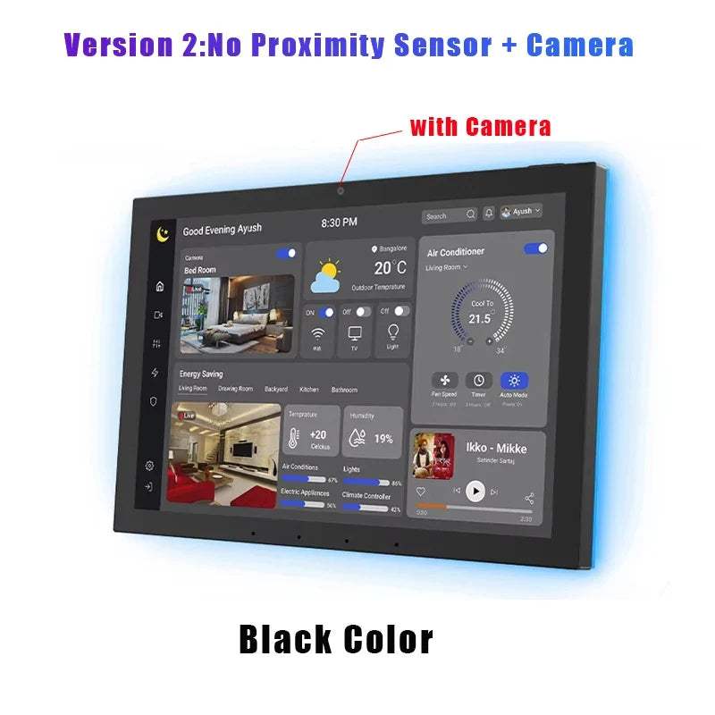 Proximity Sensing Android POE Tablet with a black rectangular wall-mounted touchscreen and colorful smart home dashboard display
