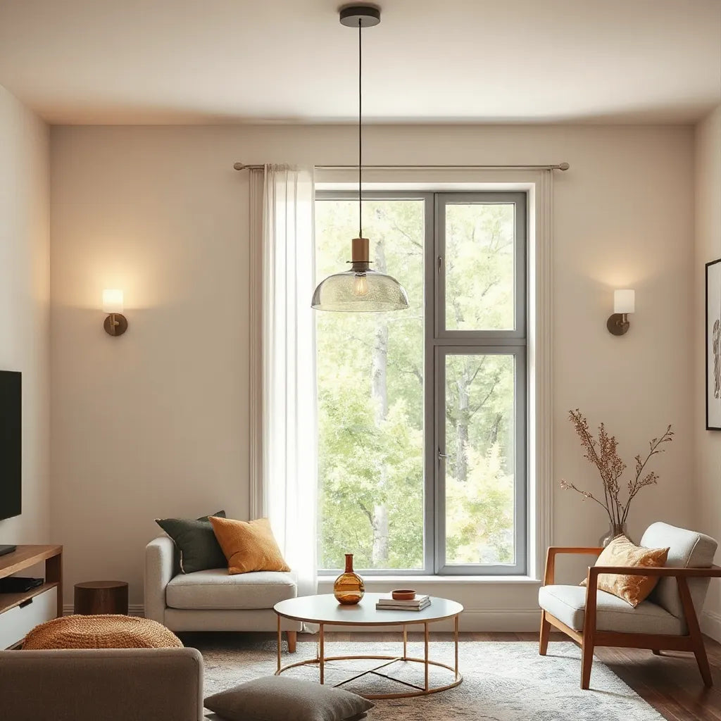 Pendant and wall sconce lighting fixtures in a modern living room with warm neutral decor