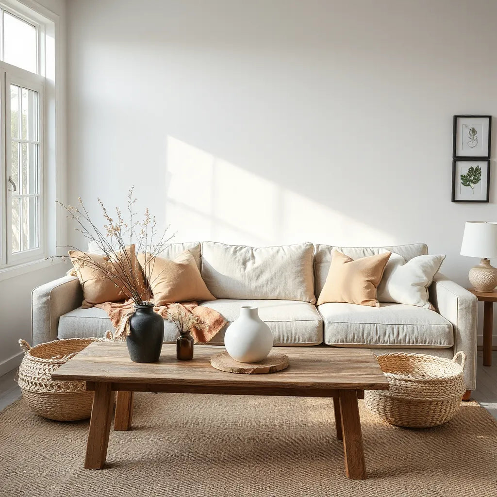 Cozy modern farmhouse living room with neutral decor, wood table, and dried flowers