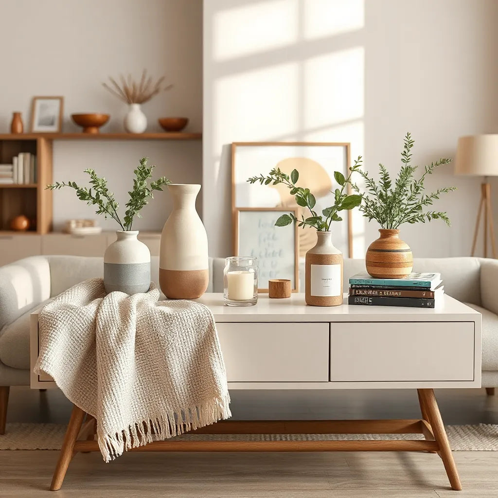 Neatly styled living room console with curated home essentials and natural greenery