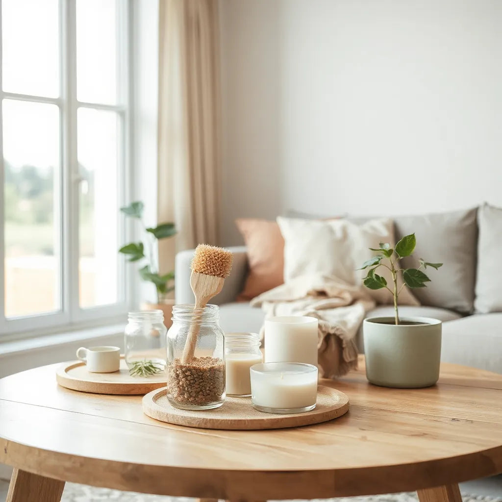 Eco-friendly home essentials including natural cleaning tools, reusable containers, and a houseplant in a bright living room
