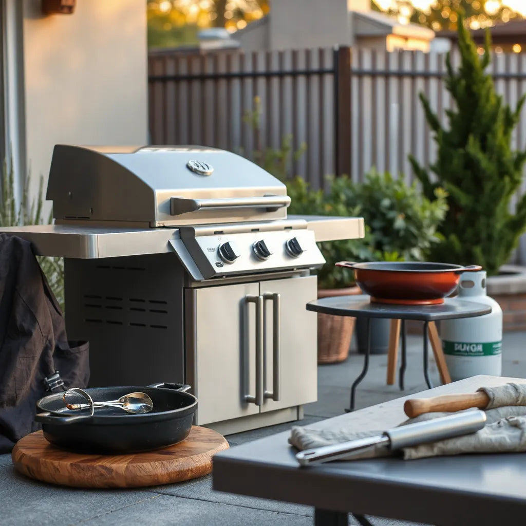 Outdoor patio grill with prep tools and cast-iron skillet for backyard cooking