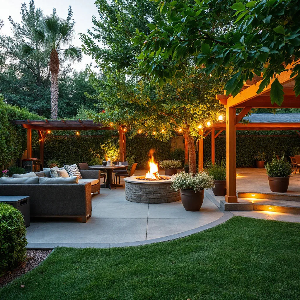 Inviting patio seating area with fire pit, dining table, string lights, and lush greenery in a backyard