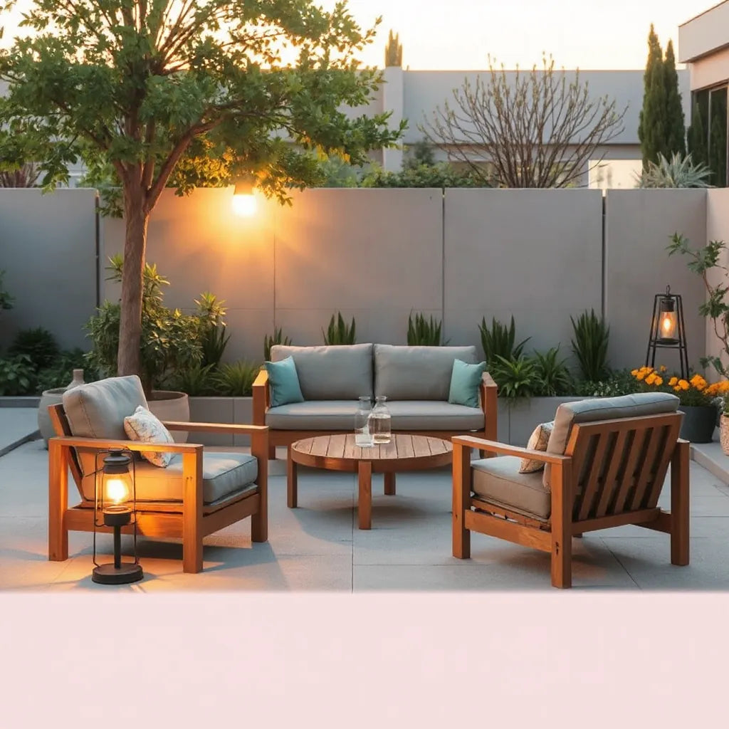 Cushioned outdoor sofa and armchairs on a tidy patio with warm lighting and greenery