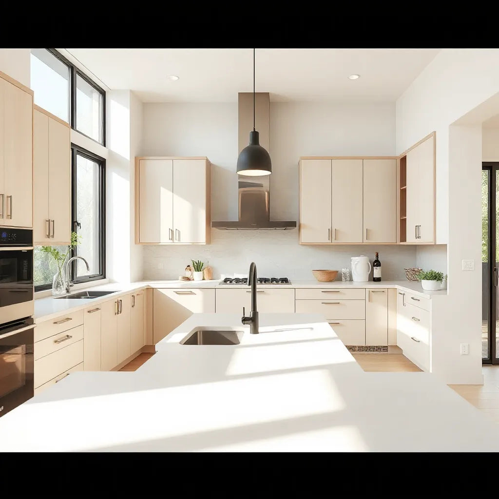 Bright modern kitchen with minimalist cabinetry, island seating, pendant lights, and built-in appliances