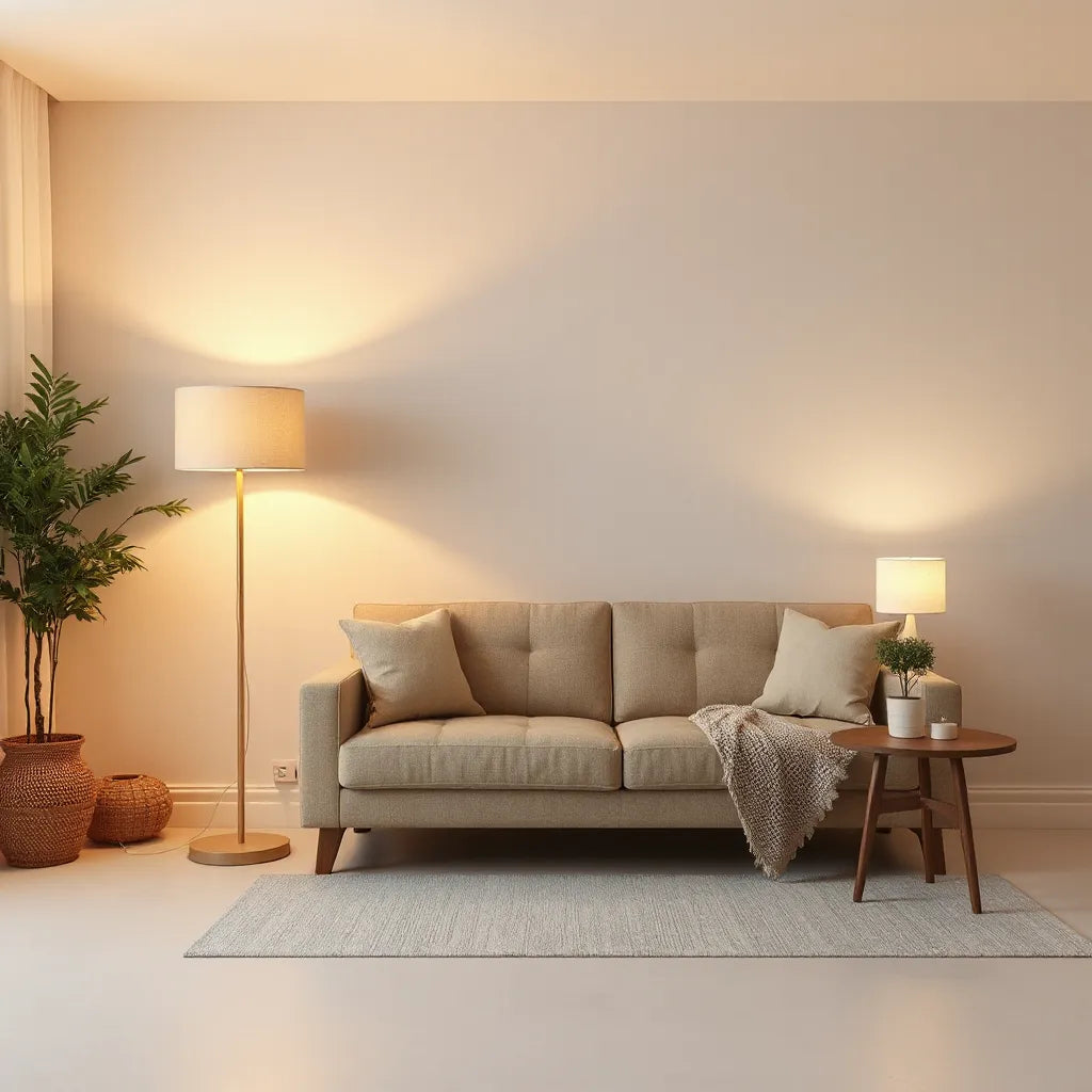 Modern living room with warm layered lamps and pendant lighting creating a cozy atmosphere