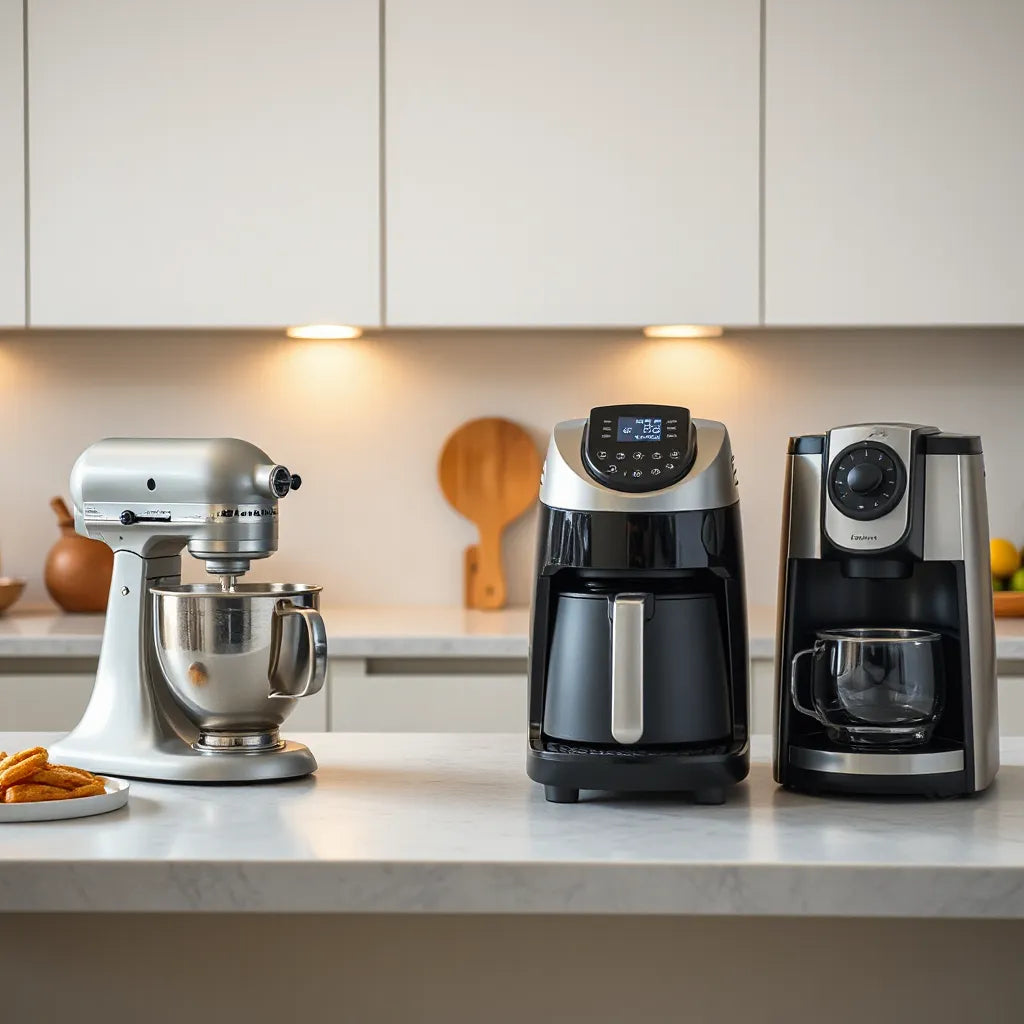 Premium stainless-steel countertop appliances in a modern kitchen with soft natural lighting