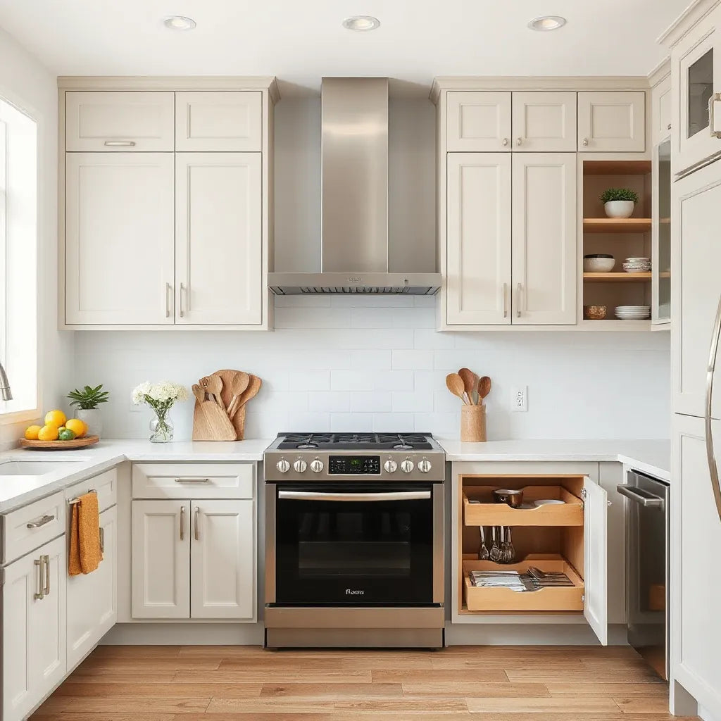 Modern kitchen with custom cabinets showing pull-out pantry drawers and organized storage inserts