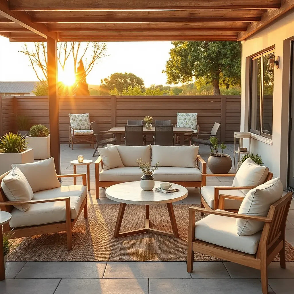 Modern cushioned outdoor seating and dining set arranged on a patio with greenery and warm lighting