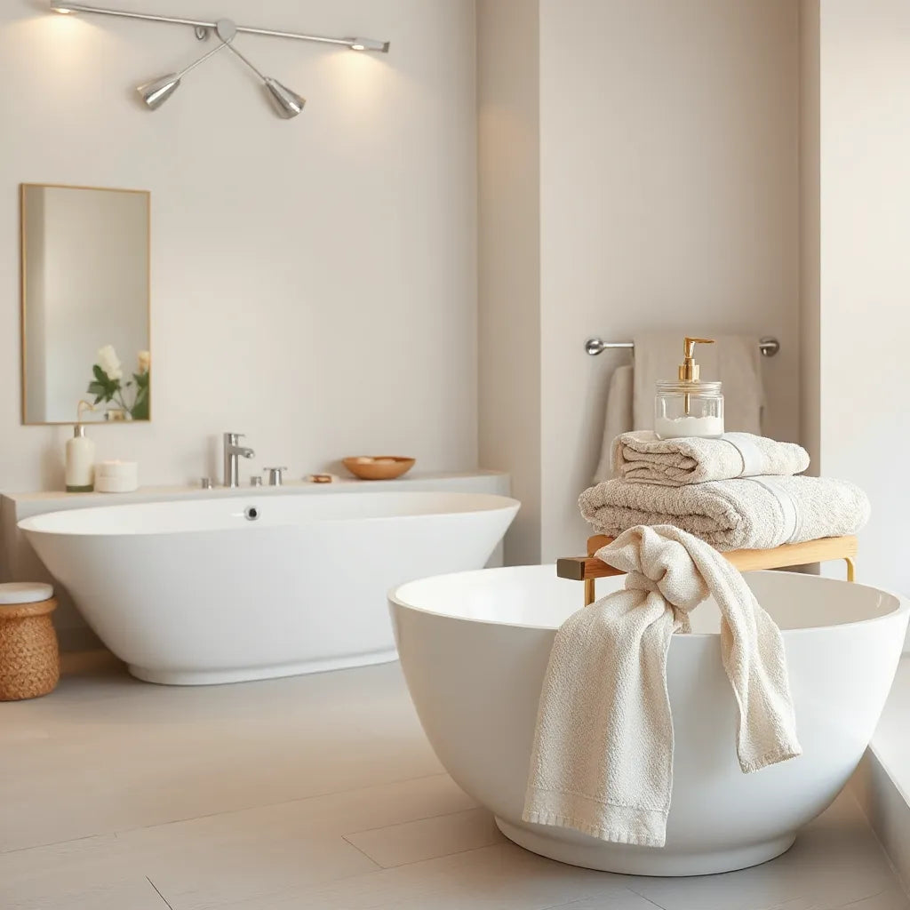 Elegant bathroom vanity with plush towels, bath essentials, warm lighting, and a soaking tub in view