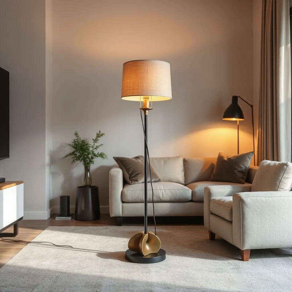 Art-inspired floor lamp with a sculptural shade illuminating a modern living room corner