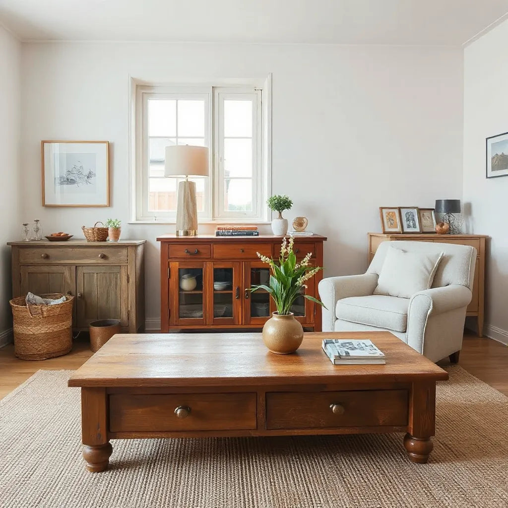 Restored wooden coffee table and reupholstered armchair in a warm, minimalist living room