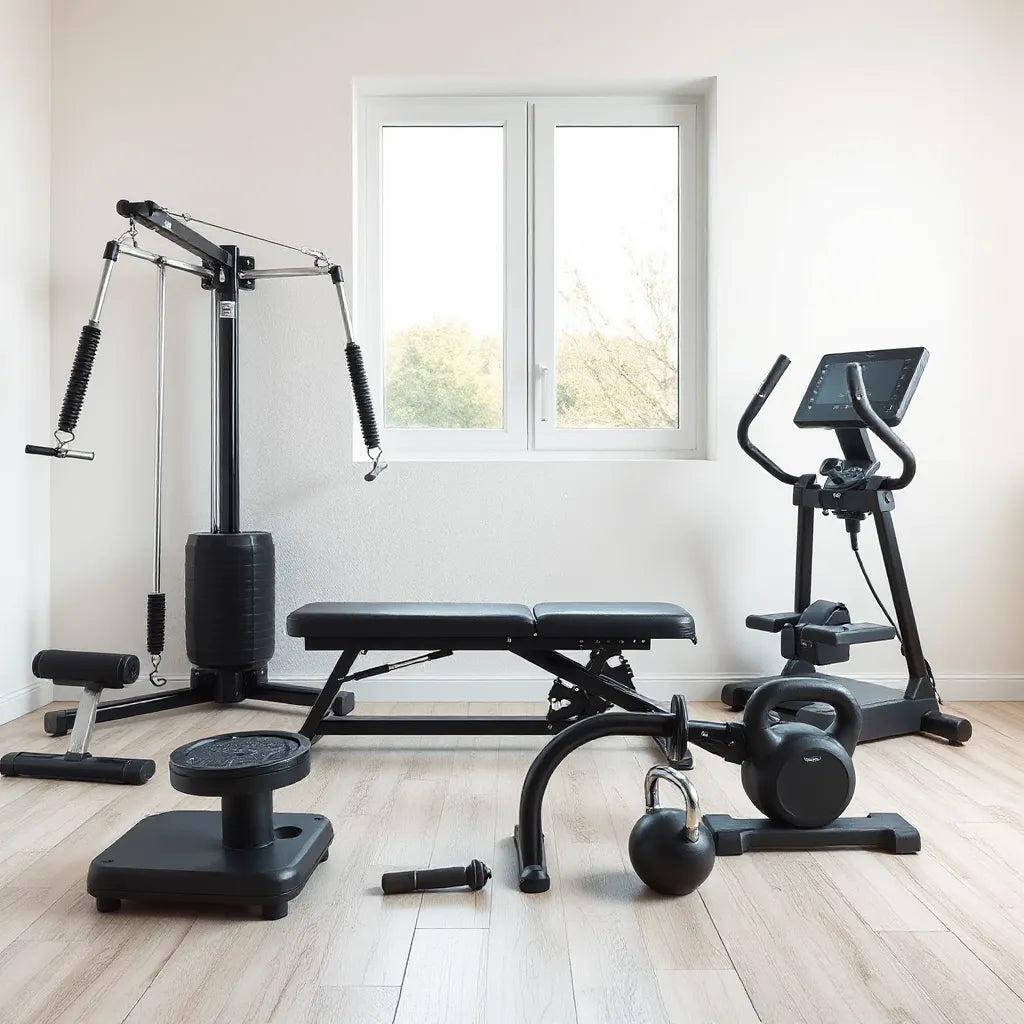 High-performance home gym setup with adjustable dumbbells, bench, cable machine, and cardio equipment