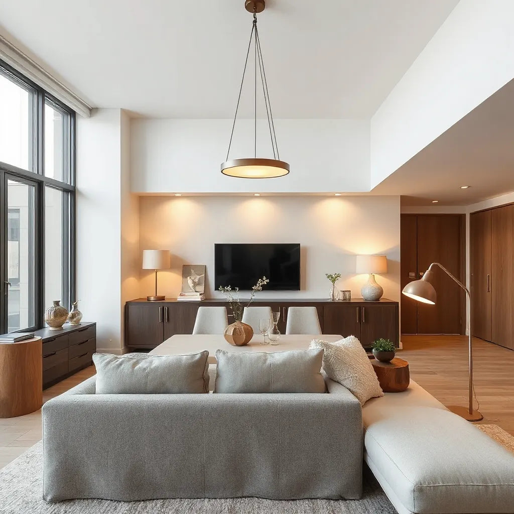 Modern living room with sculptural pendant lighting and a sleek floor lamp