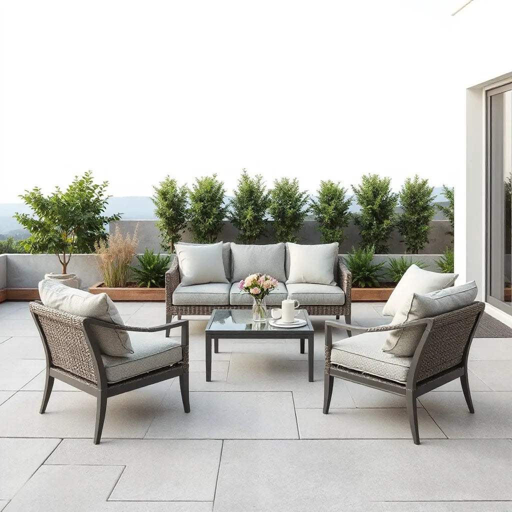 Coordinated outdoor patio furniture set with sofa, chairs, and coffee table on a clean deck