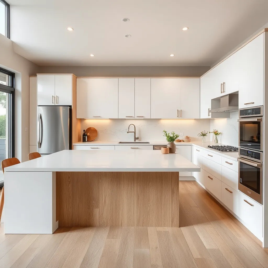 Bright modern kitchen with a central island, sleek cabinetry, and warm recessed lighting