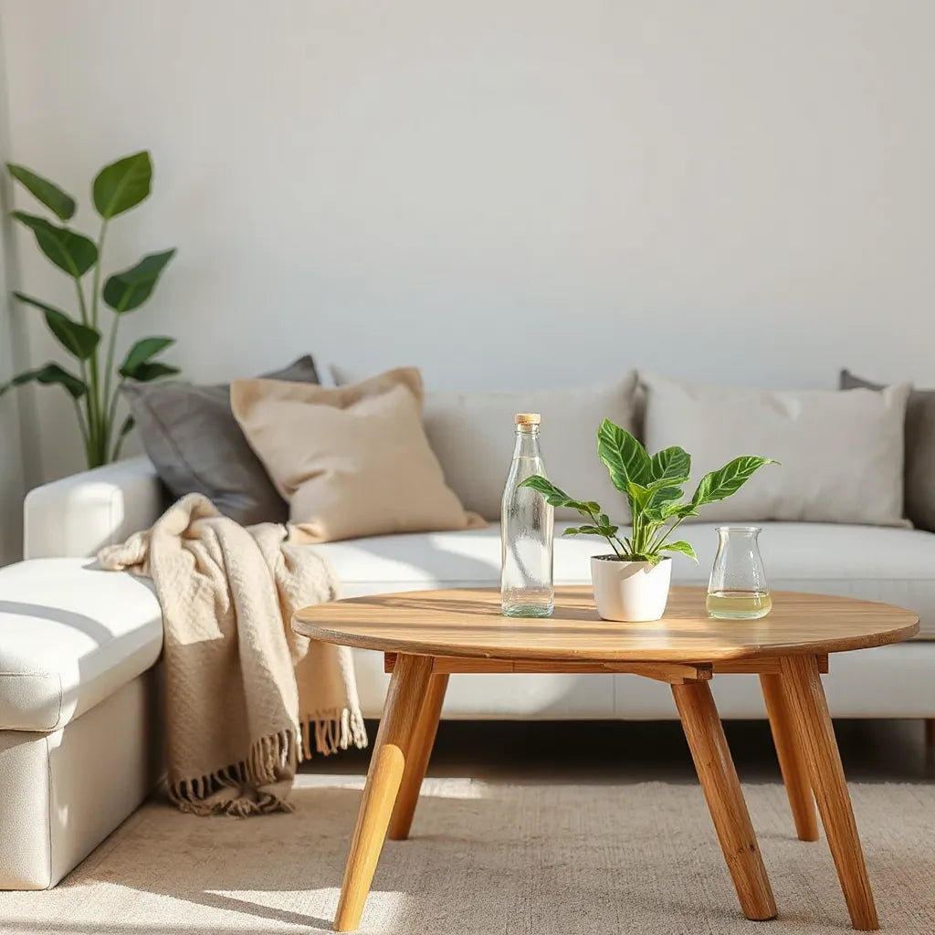 Bright modern living room with indoor plants, reusable items, and sustainable materials