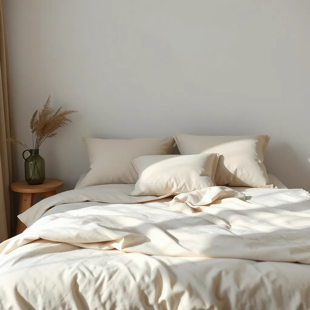 Neatly made bed with premium duvet and pillows in neutral tones under soft natural light
