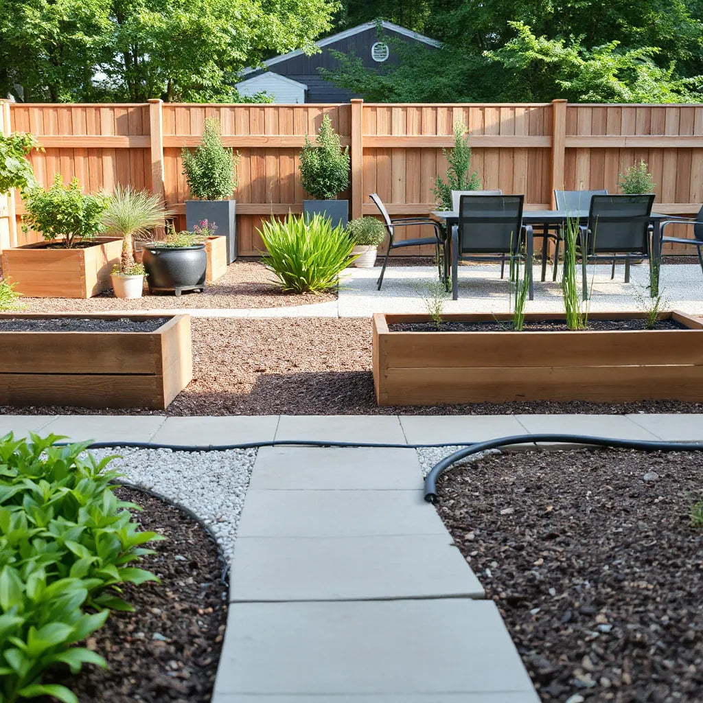 Weather-resistant planters, garden edging, and outdoor seating in a well-kept patio garden