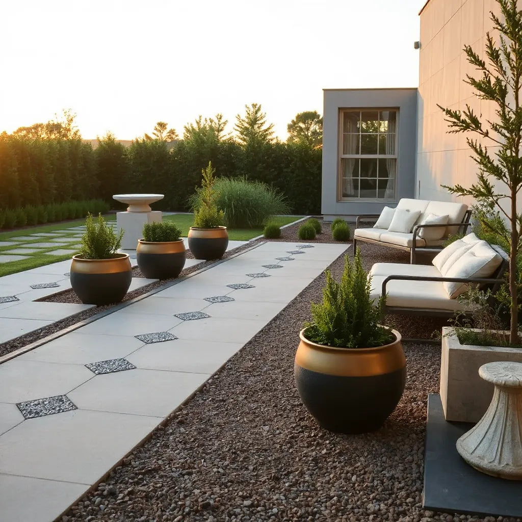Modern elevated planters and subtle garden lighting along a neat outdoor pathway