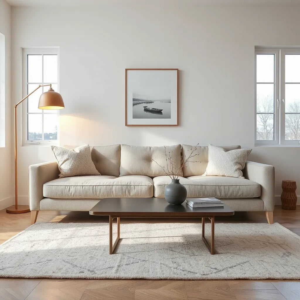 Bright modern living room styled with elegant neutral sofa, textured pillows, vase, and warm lighting