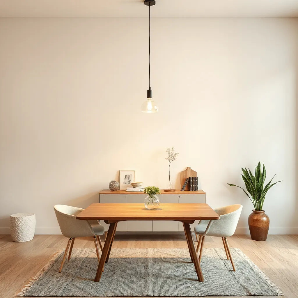 Modern pendant light hanging above a minimalist table in a warm, stylish living room