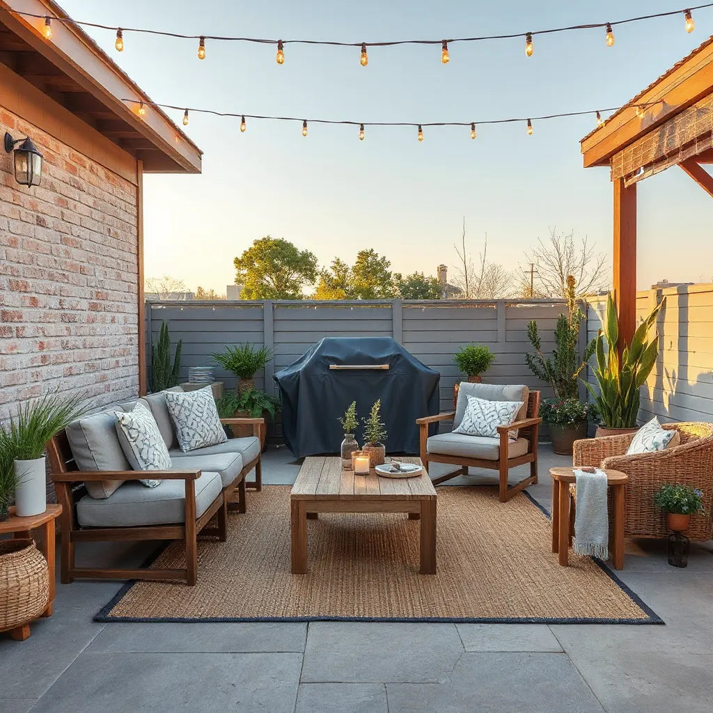 Cozy patio setup with outdoor seating, rug, potted plants, and warm string lights