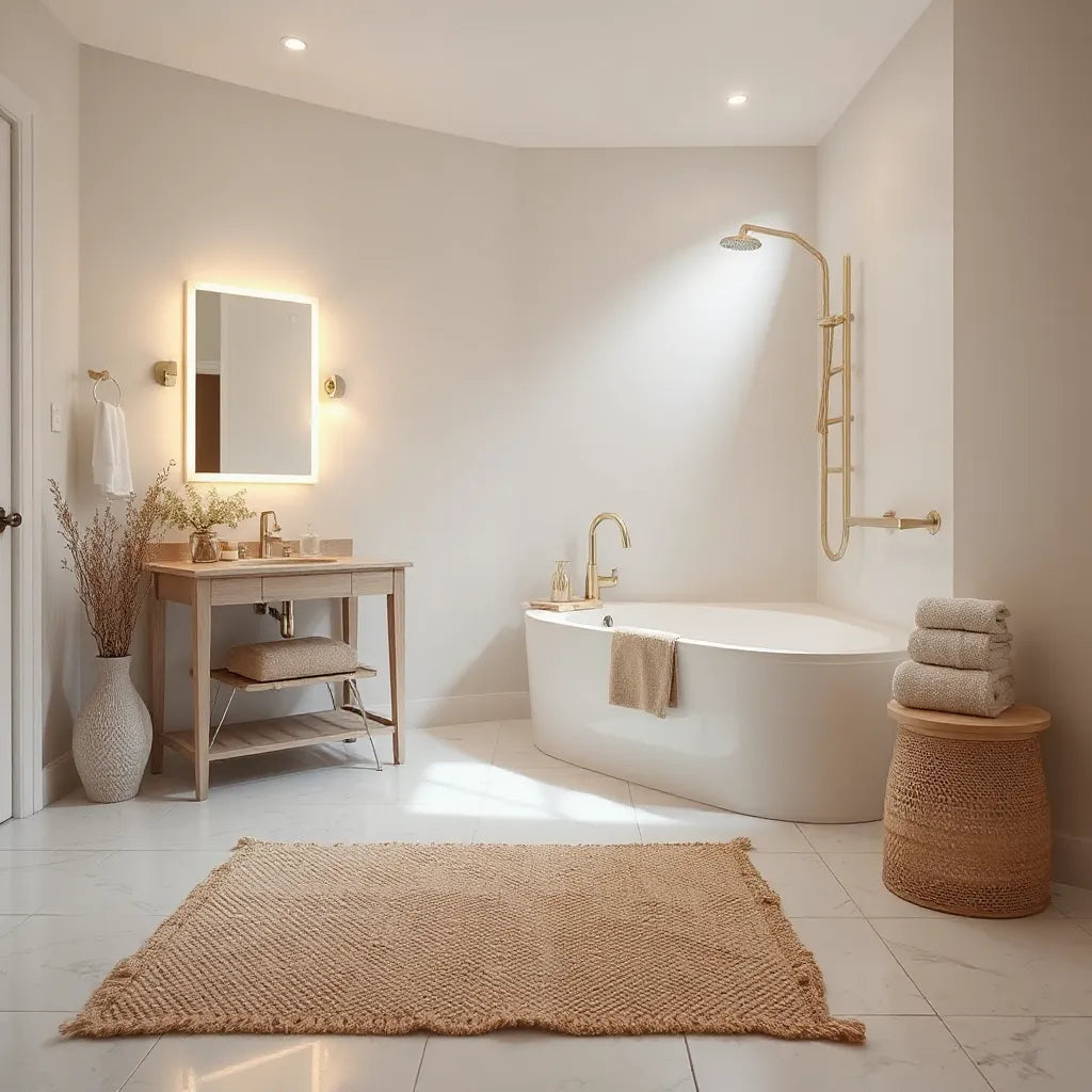 Modern bathroom with warm lighting, anti-slip mat, neatly folded towels, and safe shower or tub features