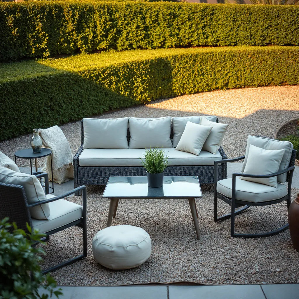 Modern outdoor sofa and coffee table with neutral cushions on a tidy garden patio