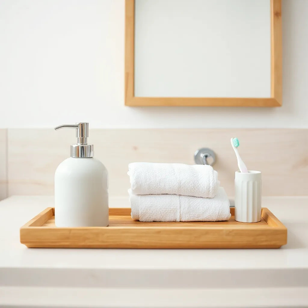 Neatly arranged bathroom countertop items including a soap dispenser, folded towels, and a bamboo tray