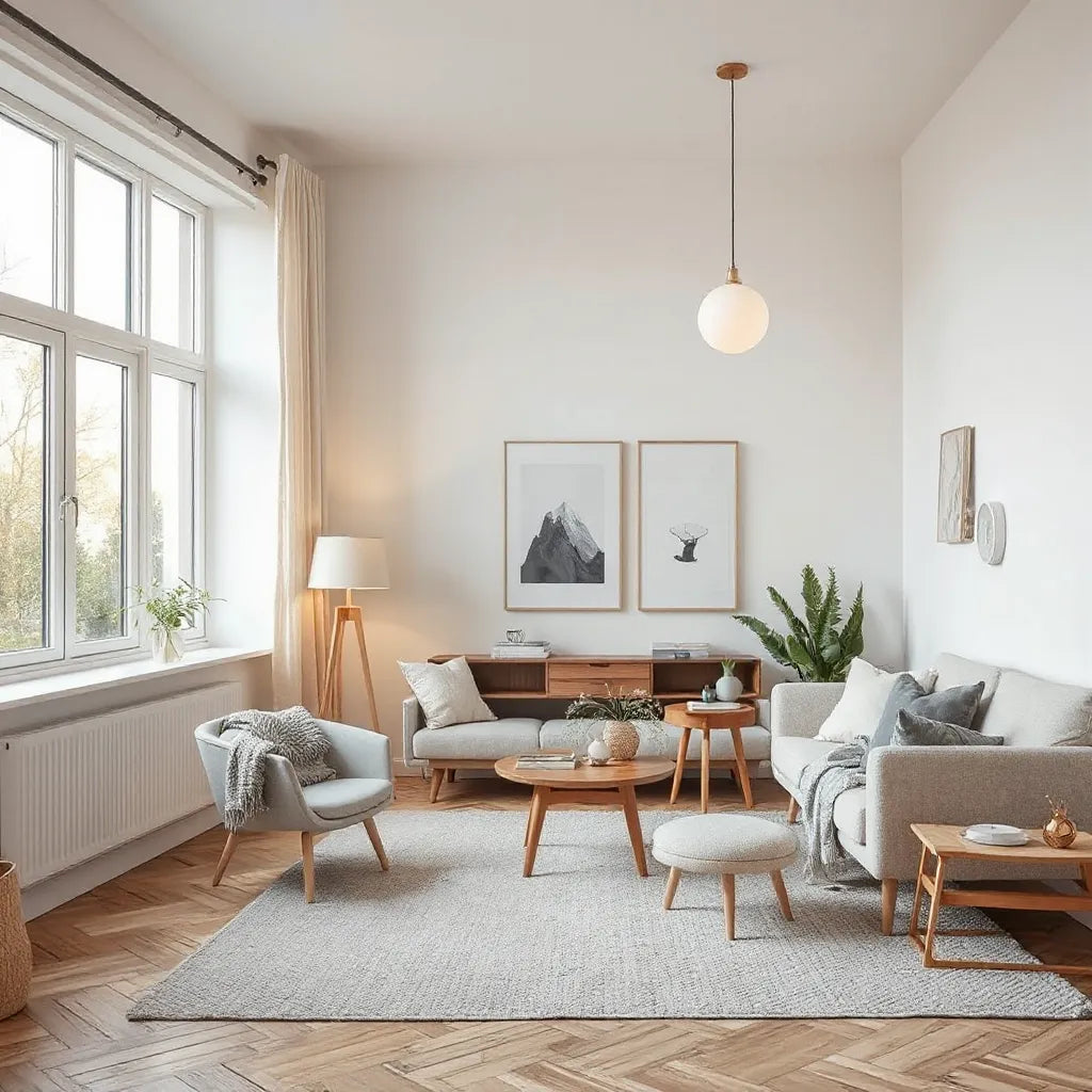 Minimalist Nordic floor and pendant lights creating warm ambiance in a Scandinavian living room