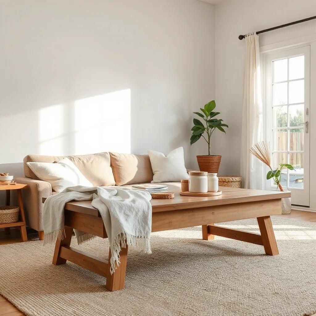 Natural home essentials like bamboo and linen items arranged in a bright, minimal living room
