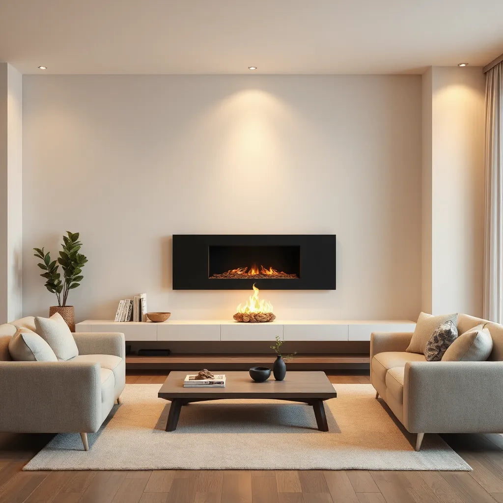 Modern 3D atomizing fireplace with warm mist-like flame effect in a minimalist living room