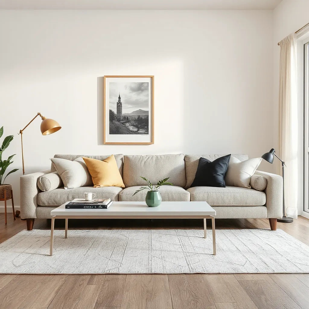 Bright living room styled with premium neutral decor, framed art, warm lighting, and a modern coffee table