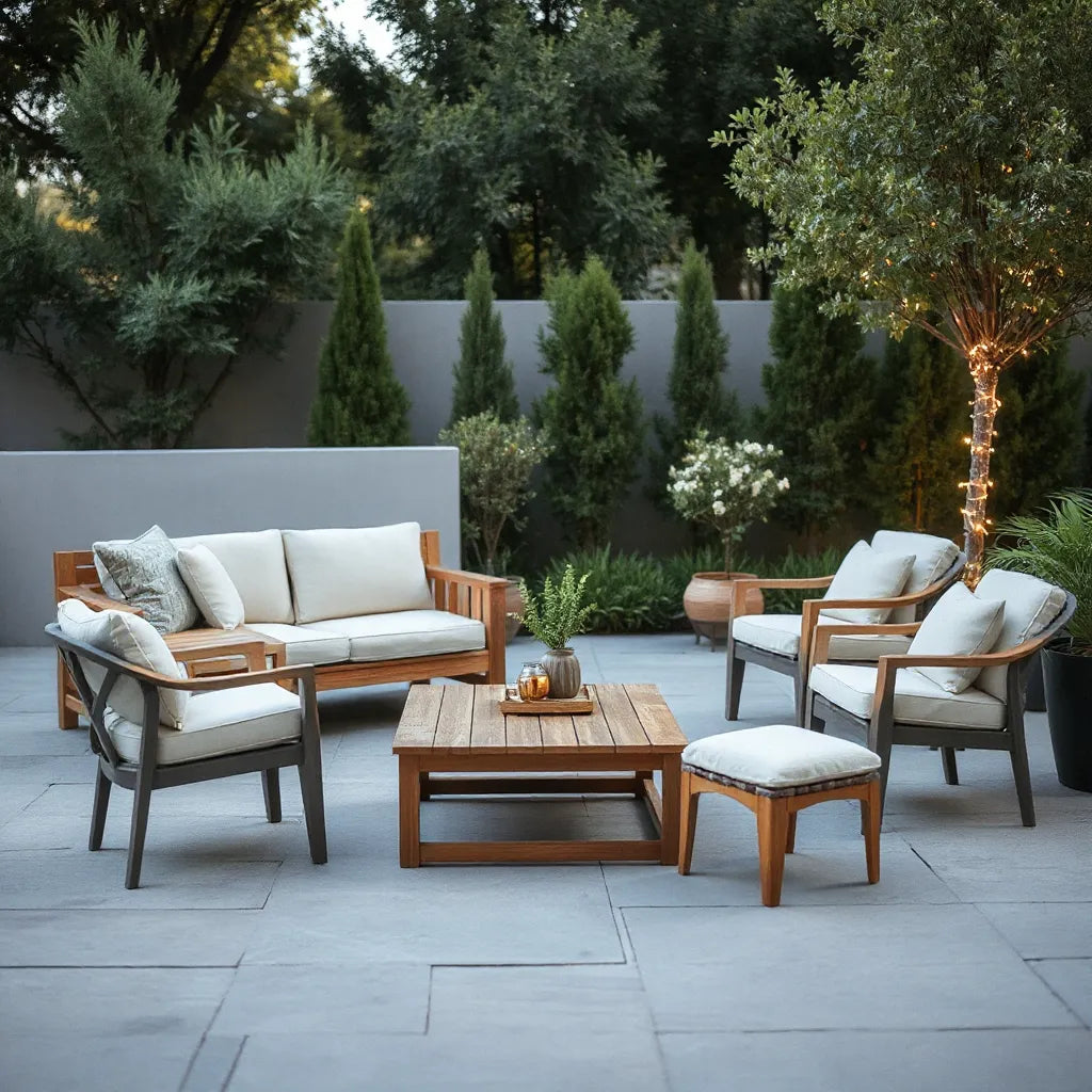 Coordinated outdoor sofa and dining set on a patio with neutral cushions and plants