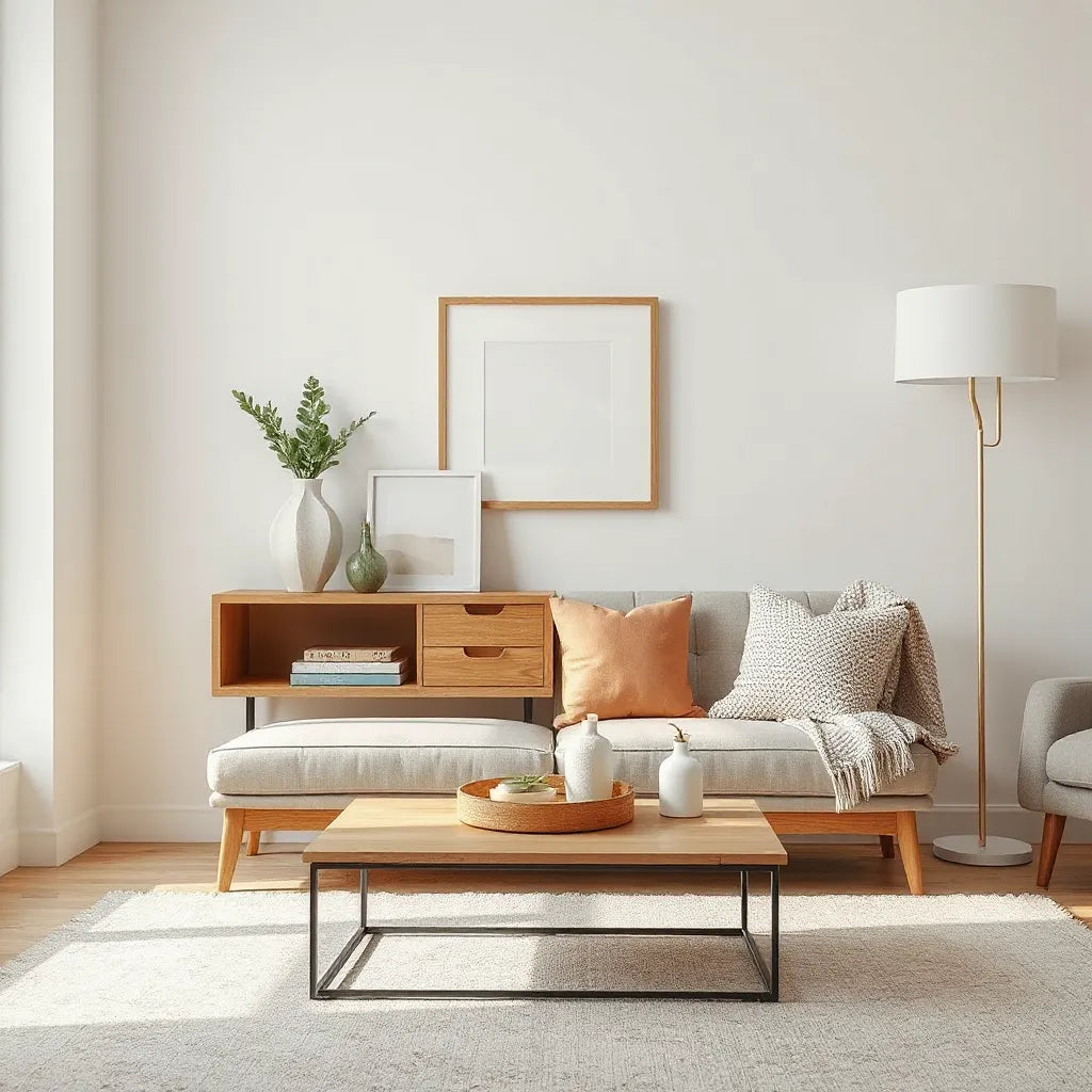 Stylish living room with sculptural vase, woven throw, statement wall art, and minimalist lamp