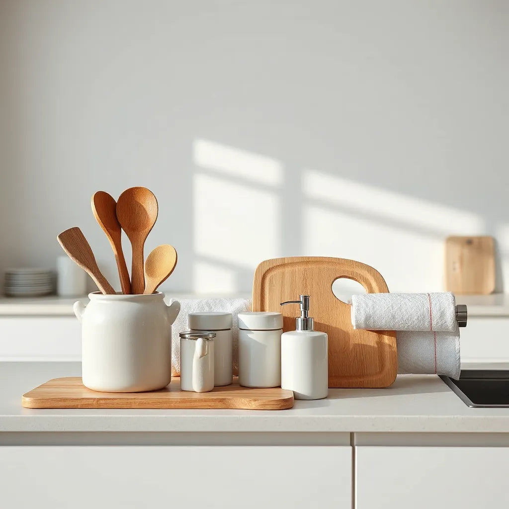Curated countertop with modern ceramic canisters, utensil holder, cutting board, and sleek soap dispenser