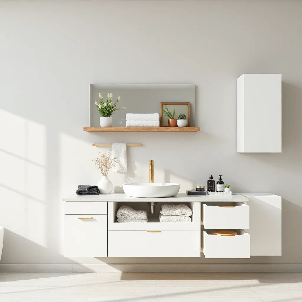 Modern bathroom with wall shelves and cabinet storage neatly organizing towels and toiletries