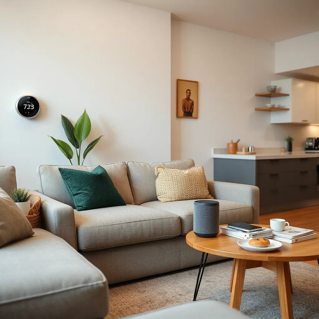 Connected smart home appliances in a modern living room, including a thermostat, speaker, and purifier